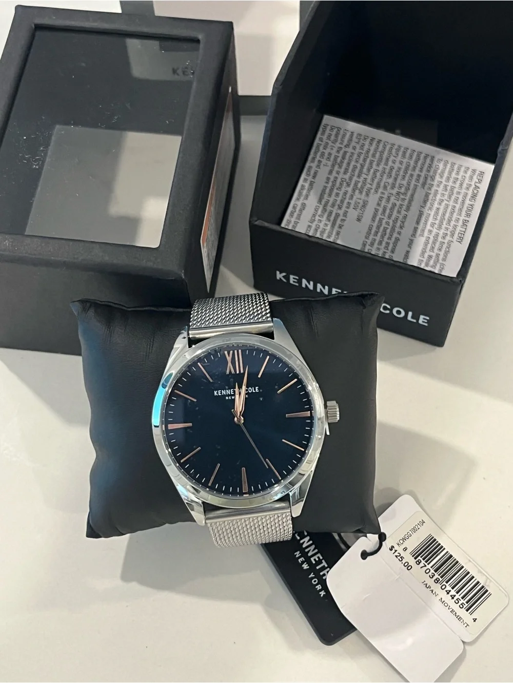 Kenneth Cole Blue Dial Silver Mesh Bracelet Men's Watch 44mm Quartz NWT